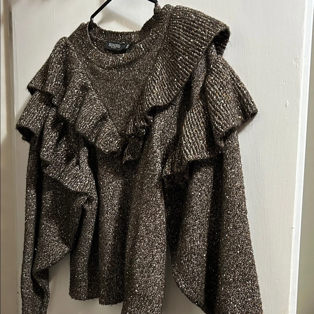 Solid Brown Ruffled Knit Sweater - Picture 2 of 9